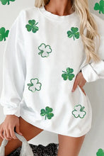 Sequin Lucky Clover Round Neck Long Sleeve Sweatshirt White Woman Sweatshirts