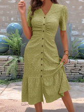 Eyelet Button Front V-Neck Midi Dress Matcha Green Woman Casual Dress