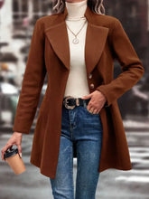 Collared Neck Long Sleeve Longline Coat Brown Woman Outerwear