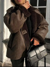 Collared Neck Long Sleeve Plush Jacket Chocolate Woman Outerwear