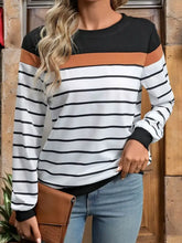Perfee Striped Round Neck Long Sleeve Sweatshirt Black Woman Sweatshirts