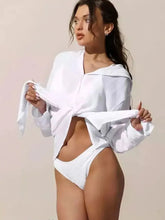 Button Down Hooded Cover-Up White One Size Swimwear Cover-Ups