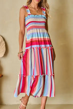 Contrast Stripe Wide Strap Smocked Tiered Dress Woman Casual Dress