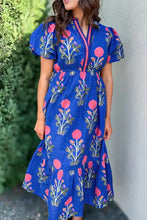 Floral Puff Short Sleeve Notched High Waist Dress Royal Blue Casual Dresses