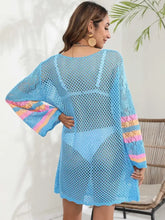 Openwork Contrast Long Sleeve Cover-Up Swimwear Cover-Ups
