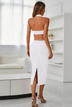 Rhinestone Halter Neck Cutout Slit Midi Dress Cocktail Dress