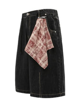 Men's Wide-Leg Denim Shorts with Plaid Accent Denim Shorts