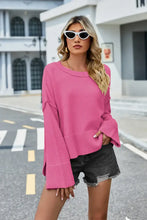 High-Low Slit Round Neck Long Sleeve Sweater Hot Pink Sweater Pullovers