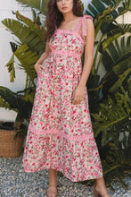 Floral Lace Tied Strap Square Neck Dress with Pockets Floral Woman Casual Dress