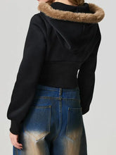 Zip Up Long Sleeve Fuzzy Hem Hooded Jacket Woman Outerwear