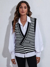 Striped Button Up V-Neck Sweater Vest Black Woman Outerwear