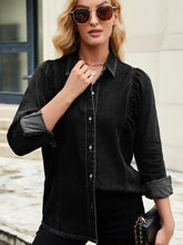Button Down Collared Neck Denim Shirt Black Woman Denim Tops