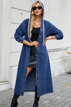 Button Up Long Sleeve Longline Hooded Denim Outerwear Dark Woman Denim Tops