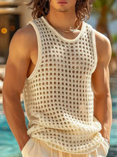Men's Openwork Round Neck Tank Beige Mens Tops