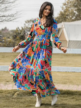 Printed Smocked Tie Neck Balloon Sleeve Maxi Dress Maxi Dresses