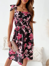 Floral Smocked Bodice Tie Shoulder Summer Dress Woman Dress