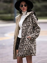 Shiny Leopard Hooded Coat with Pockets Woman Outerwear