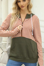 Drawstring Stripe Half Zip Long Sleeve Hoodie Woman Sweatshirts