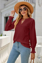 Eyelet Notched Lantern Sleeve T-Shirt Deep Red Woman T Shirts