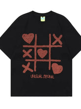 Men's Tic Tac Toe Heart Pattern Round Neck T-Shirt Black Mens Tops