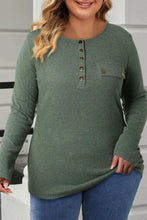 Plus size half snap long sleeve olive green Henley top with chest pocket