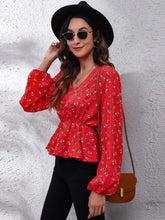 Floral V-Neck Balloon Sleeve Peplum Blouse Woman Blouses