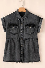 Short Sleeve Flap Pocket Button Up Raw Hem Denim Shirt Woman Denim Tops