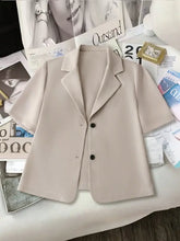 Short Sleeve Lapel Collar Solid Blazer Light Khaki Woman Outerwear