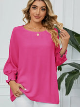 Smocked Lantern Sleeve Round Neck Blouse Hot Pink Woman Blouses