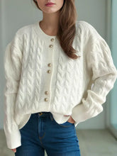 Cable-Knit Round Neck Long Sleeve Cardigan White One Size Woman Outerwear