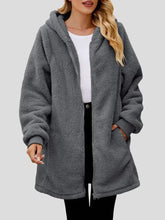 Fuzzy Pocketed Zip Up Long Sleeve Hooded Jacket Dark Gray Woman Outerwear