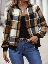 Plus Size Plaid Baseball Collar Zip Up Jacket Caramel Woman Outerwear