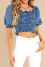 Puff Sleeve Smocked Cropped Denim Top Woman Denim Tops