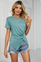 Ruched Hem Detail Crewneck T-Shirt Teal Woman T Shirts