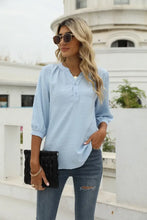 Swiss Dot Notched Neck Three-Quarter Sleeve Blouse Woman T Shirts