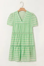Stripe V Neck Short Sleeve Frilled Detail Dress Woman Casual Dress