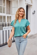 Notched Neck Flutter Sleeve Satin Top Woman T Shirts
