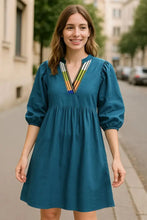 Loose Fit Puff Sleeve Mini Dress Peacock Blue Woman Casual Dress