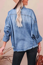 Collared Neck Raw Hem Long Sleeve Denim Shirt Woman Denim Tops