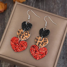 Heart leather drop earrings with triple-heart design, black glitter, leopard print, red glitter
