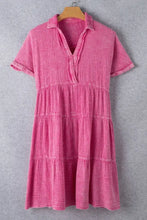 Mineral Wash Crinkle Split Neck Raw Hem Tiered Dress Casual Dresses