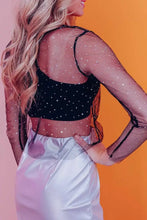 Rhinestone Mesh Round Neck Long Sleeve Blouse Woman Blouses