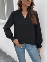 Perfee Smocked Notched Long Sleeve Blouse Black Woman Blouses