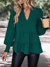 Perfee Notched Neck Lantern Sleeve Blouse Green Woman Blouses