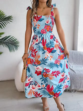 Smocked Floral Tie Shoulder Midi Dress Woman Casual Dress