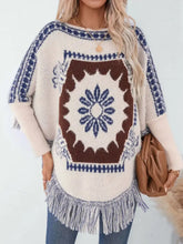 Fringe Geometric Long Sleeve Poncho Woman Outerwear