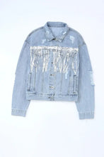 Sequin Fringe Trim Distressed Button Up Denim Jacket Woman Outerwear