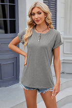 Gray round neck rolled short sleeve henley t-shirt for women