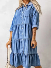 Full Size Ruffled Hem Button Up Denim Midi Dress Plus Size Woman Dress