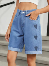 Heart-Pattern Rolled Hem Denim Shorts Denim Shorts